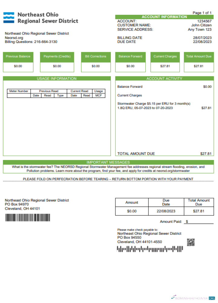download USA Northeast Ohio Regional Sewer District utility bill Word and PDF template PDF template